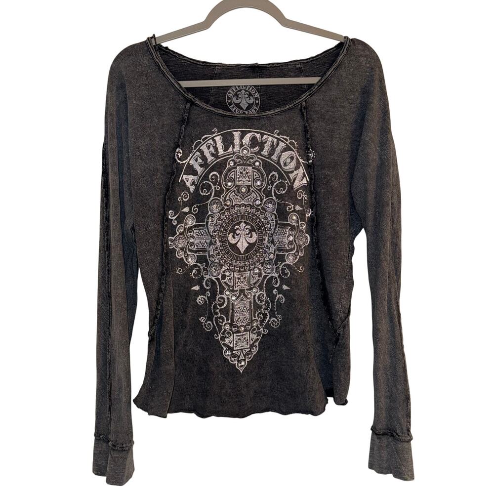 Affliction Live Fast Grunge Exposed Seams High/Low Stud Graphic  - size M - OF
